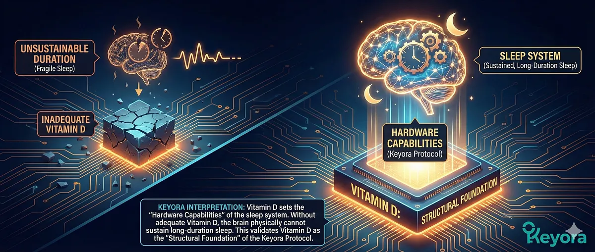 The clinical data validates Vitamin D as the "Structural Foundation" and "Hardware Capabilities" setter of the sleep system . Without adequate Vitamin D, the brain physically cannot sustain long-duration sleep because of a failure in genomic regulation (VDRs in the brainstem), confirming its necessity for the Keyora Protocol's architectural success. The clinical data validates Vitamin D as the "Structural Foundation" and "Hardware Capabilities" setter of the sleep system . Without adequate Vitamin D, the brain physically cannot sustain long-duration sleep because of a failure in genomic regulation (VDRs in the brainstem), confirming its necessity for the Keyora Protocol's architectural success.