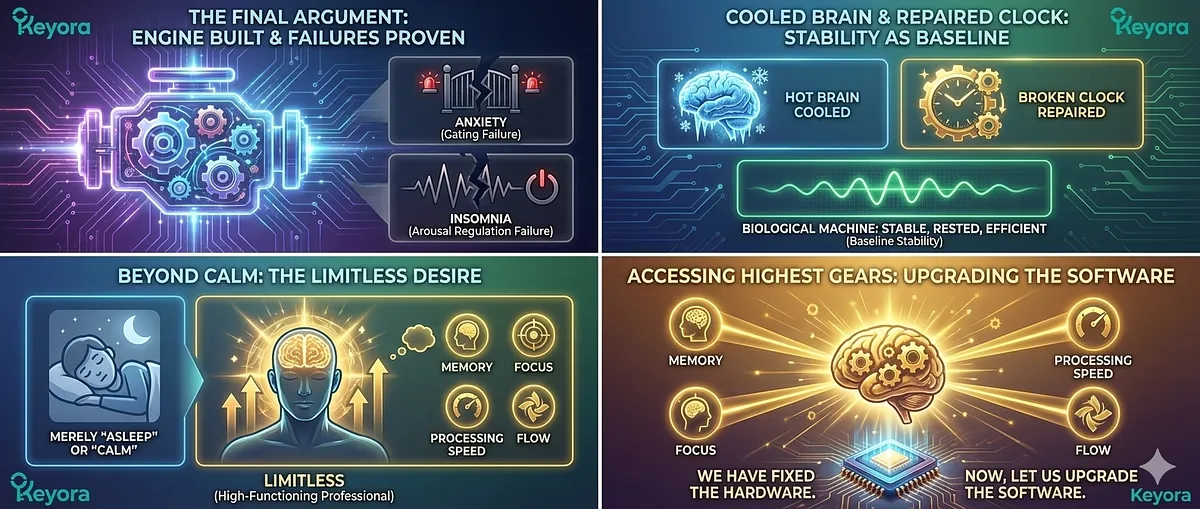 The Final Argument asserts that Keyora moves beyond fixing the "Hot Brain" (Anxiety/Gating failure) and the "Broken Clock" (Insomnia/Arousal failure) to upgrade the user from stable to "Limitless" . Having fixed the hardware, the focus shifts to upgrading the software: unlocking the highest gears of human cognition, including Memory, Focus, Processing Speed, and Flow, for the high-functioning professional. The Final Argument asserts that Keyora moves beyond fixing the "Hot Brain" (Anxiety/Gating failure) and the "Broken Clock" (Insomnia/Arousal failure) to upgrade the user from stable to "Limitless" . Having fixed the hardware, the focus shifts to upgrading the software: unlocking the highest gears of human cognition, including Memory, Focus, Processing Speed, and Flow, for the high-functioning professional.