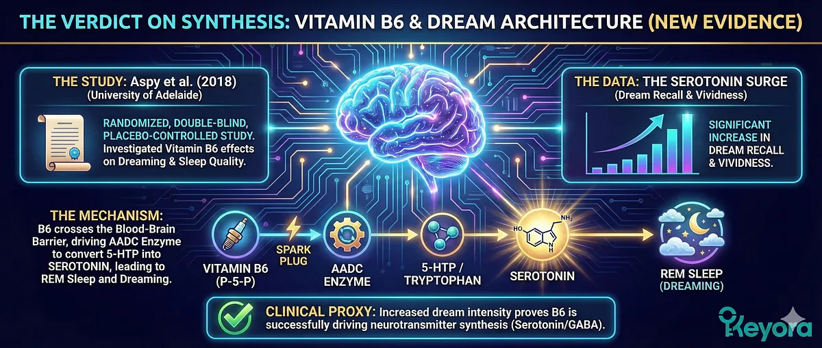 The Section Theme: Evidence-Based Validation (Meta-Analytical Review) confirms that every component of the Keyora Matrix is supported by specific RCTs . 1. Ashwagandha: Gatekeeper (SOL -63%, Cortisol -27.9%); 2. Magnesium Synergy: Matrix (superior PSQI scores); 3. L-Theanine: Quality Architect (improved SE, reduced WASO); 4. B12: Calibrator (Phase Advance, SCN sensitization); 5. B6: Catalyst (Increased Dream Recall, AADC Cofactor); 6. Vitamin D: Foundation (Sleep Duration correlation, VDR regulation). The Section Theme: Evidence-Based Validation (Meta-Analytical Review) confirms that every component of the Keyora Matrix is supported by specific RCTs . 1. Ashwagandha: Gatekeeper (SOL -63%, Cortisol -27.9%); 2. Magnesium Synergy: Matrix (superior PSQI scores); 3. L-Theanine: Quality Architect (improved SE, reduced WASO); 4. B12: Calibrator (Phase Advance, SCN sensitization); 5. B6: Catalyst (Increased Dream Recall, AADC Cofactor); 6. Vitamin D: Foundation (Sleep Duration correlation, VDR regulation).