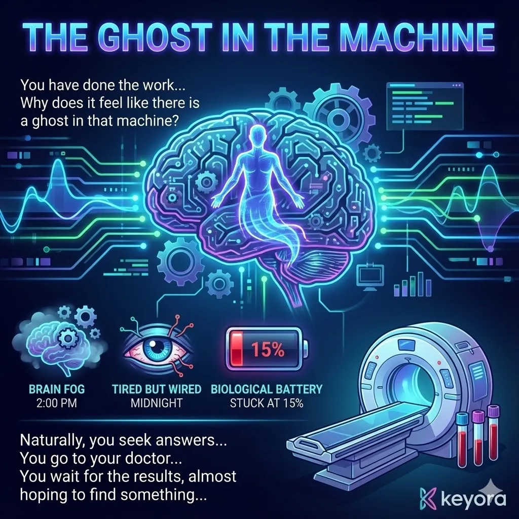 The ghost in the machine concept representing low grade physiological static. Visualizing brain fog and the blunt cognitive edge of high performance individuals. The tired but wired sensation of nighttime insomnia despite exhaustion. Illustration of a biological battery stuck at 15 percent charge. Standard medical blood panels and thyroid testing failing to explain persistent friction and fatigue. Graphic of the fundamental sense of wrongness beneath a peak efficiency lifestyle. The ghost in the machine concept representing low grade physiological static. Visualizing brain fog and the blunt cognitive edge of high performance individuals. The tired but wired sensation of nighttime insomnia despite exhaustion. Illustration of a biological battery stuck at 15 percent charge. Standard medical blood panels and thyroid testing failing to explain persistent friction and fatigue. Graphic of the fundamental sense of wrongness beneath a peak efficiency lifestyle.