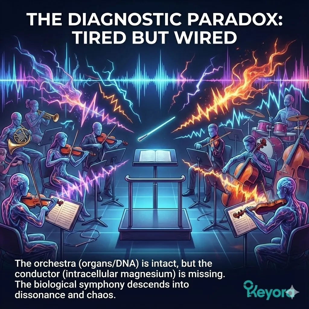 The Spark of Life framework within Keyora Nutritional Neurology. Visualizing the diagnostic paradox of tired but wired high achievers. Graphic of the Mg-ATP complex showing magnesium as the ignition key for active cellular energy. Diagram of NMDA receptor regulation acting as a neural brake to prevent calcium flooding and excitotoxicity. Molecular structure of Magnesium Bisglycinate Chelate for blood-brain barrier permeability. Mitochondrial resuscitation and sympathetic sedation through the glycine moiety and HPA axis stabilization. The Spark of Life framework within Keyora Nutritional Neurology. Visualizing the diagnostic paradox of tired but wired high achievers. Graphic of the Mg-ATP complex showing magnesium as the ignition key for active cellular energy. Diagram of NMDA receptor regulation acting as a neural brake to prevent calcium flooding and excitotoxicity. Molecular structure of Magnesium Bisglycinate Chelate for blood-brain barrier permeability. Mitochondrial resuscitation and sympathetic sedation through the glycine moiety and HPA axis stabilization.