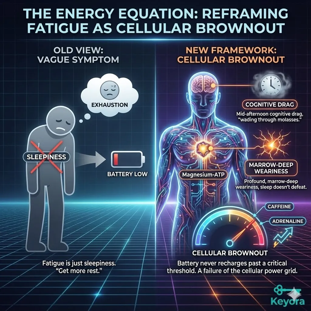 Reframing high-performance fatigue as a specific corrosive texture of experience. Visualizing cognitive drag descending mid-afternoon like wading through molasses. Graphic of decision fatigue degrading mental clarity into foggy ambivalence. Illustration of a biological battery stuck at a critical threshold unable to recharge despite sleep. Contrast between vague lifestyle symptoms and fundamental physiological failure. The medical misinterpretation of cellular brownouts as simple stress. Reframing high-performance fatigue as a specific corrosive texture of experience. Visualizing cognitive drag descending mid-afternoon like wading through molasses. Graphic of decision fatigue degrading mental clarity into foggy ambivalence. Illustration of a biological battery stuck at a critical threshold unable to recharge despite sleep. Contrast between vague lifestyle symptoms and fundamental physiological failure. The medical misinterpretation of cellular brownouts as simple stress.