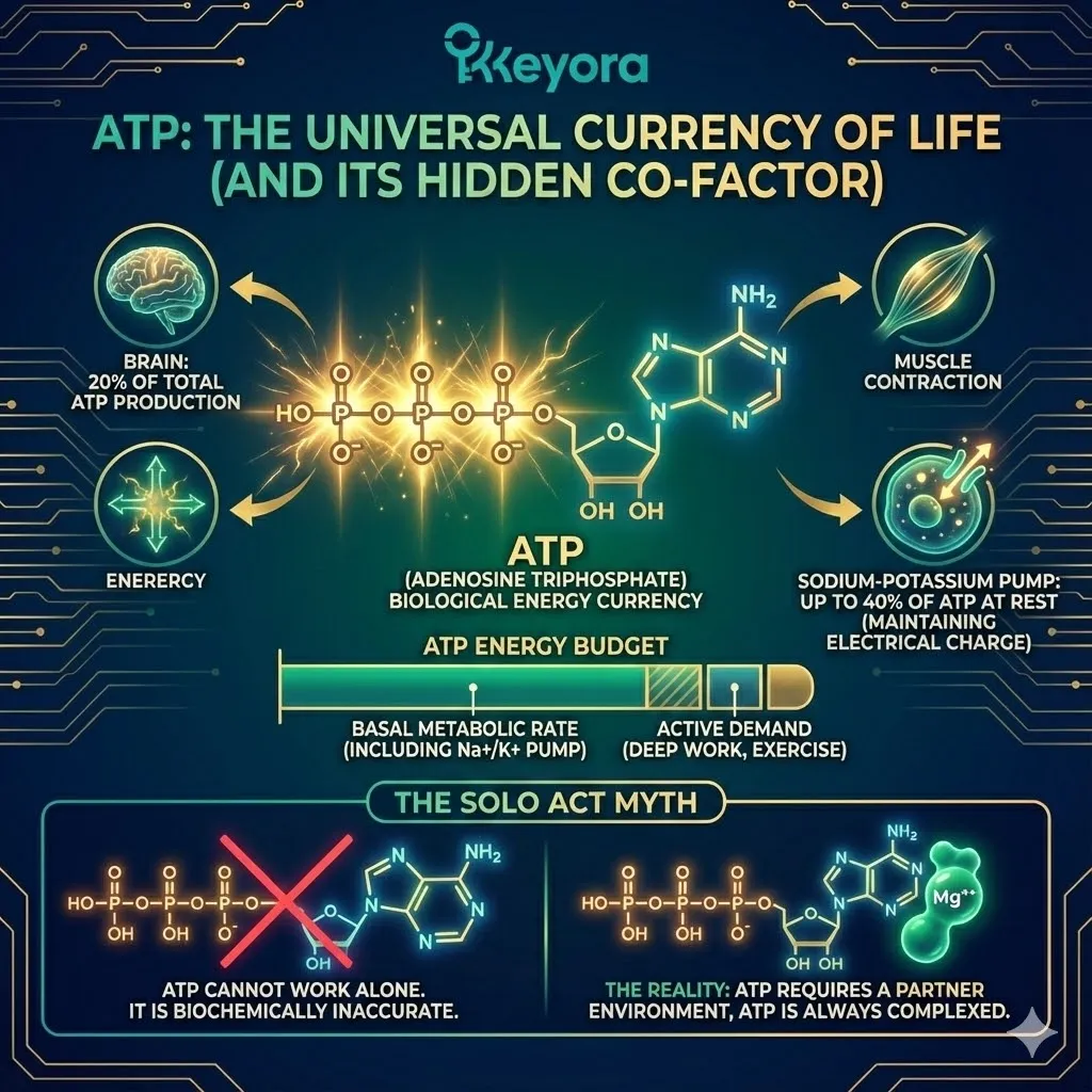 Molecular structure of Adenosine Triphosphate showing the adenosine backbone and tail. Visualizing the three phosphate groups carrying strong negative charges. Illustration of electrostatic repulsion between the phosphate oxygen atoms. The concept of ATP as the non-negotiable universal energy dollar. Graphic of the brain consuming 20 percent of total ATP production. The Sodium-Potassium pump mechanism consuming energy to maintain electrical charge. Depiction of ATP instability in the absence of a stabilizing cofactor. Molecular structure of Adenosine Triphosphate showing the adenosine backbone and tail. Visualizing the three phosphate groups carrying strong negative charges. Illustration of electrostatic repulsion between the phosphate oxygen atoms. The concept of ATP as the non-negotiable universal energy dollar. Graphic of the brain consuming 20 percent of total ATP production. The Sodium-Potassium pump mechanism consuming energy to maintain electrical charge. Depiction of ATP instability in the absence of a stabilizing cofactor.