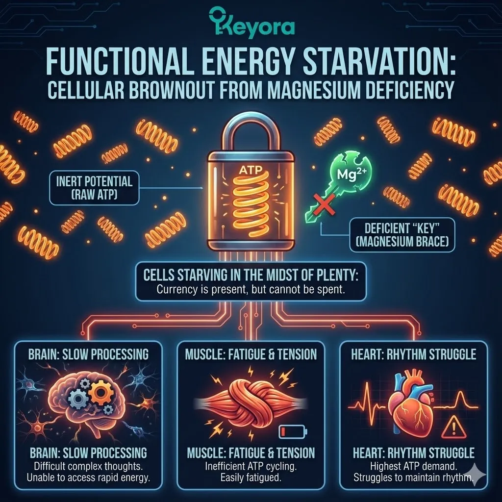 Visualizing the ATPase enzyme rejecting raw ATP due to misalignment. The magnesium ion guiding the molecule into the active site. Controlled hydrolysis allowing the energy spring to uncoil effectively. Graphic of functional energy starvation with cells flooded with inert potential. Metaphor of a deficit of keys preventing the cashing of energy checks. Mitochondria working overtime without the capacity to utilize output. Visualizing the ATPase enzyme rejecting raw ATP due to misalignment. The magnesium ion guiding the molecule into the active site. Controlled hydrolysis allowing the energy spring to uncoil effectively. Graphic of functional energy starvation with cells flooded with inert potential. Metaphor of a deficit of keys preventing the cashing of energy checks. Mitochondria working overtime without the capacity to utilize output.