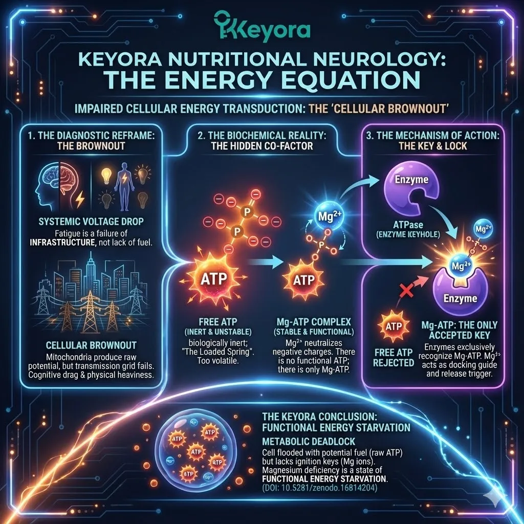 Summary of the Energy Equation framework for Keyora Nutritional Neurology. Visualizing the systemic voltage drop and cellular brownout phenomenon. Graphic of raw ATP instability due to phosphate tail repulsion. Formation of the stable Mg-ATP complex acting as the biological ignition key. Diagram of the ATPase enzyme lock specifically recognizing the magnesium cofactor. Illustration of functional energy starvation representing metabolic deadlock despite fuel availability. Summary of the Energy Equation framework for Keyora Nutritional Neurology. Visualizing the systemic voltage drop and cellular brownout phenomenon. Graphic of raw ATP instability due to phosphate tail repulsion. Formation of the stable Mg-ATP complex acting as the biological ignition key. Diagram of the ATPase enzyme lock specifically recognizing the magnesium cofactor. Illustration of functional energy starvation representing metabolic deadlock despite fuel availability.