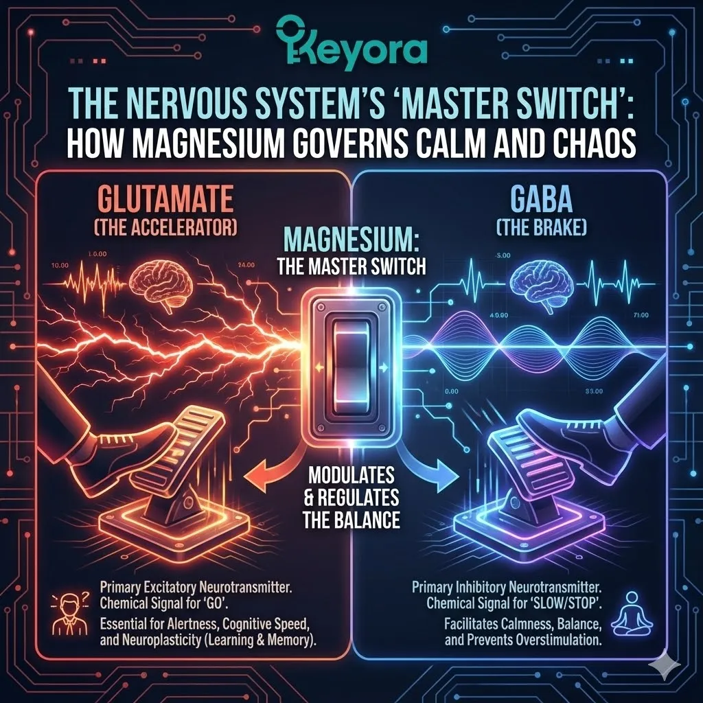 Visualizing the brain's dual control system of excitation and inhibition. Metaphor of Glutamate as the biological accelerator and GABA as the brake. Illustration of the neural network as a high-performance electrical engine. Glutamate flooding synapses to facilitate neuroplasticity and focus. Graphic representation of the chemical "Go" signal for cognitive speed. The delicate balance between synaptic firing and necessary restraint. Visualizing the brain's dual control system of excitation and inhibition. Metaphor of Glutamate as the biological accelerator and GABA as the brake. Illustration of the neural network as a high-performance electrical engine. Glutamate flooding synapses to facilitate neuroplasticity and focus. Graphic representation of the chemical "Go" signal for cognitive speed. The delicate balance between synaptic firing and necessary restraint.