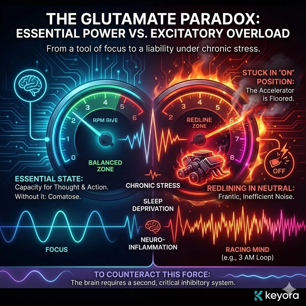 Visualizing the glutamate system stuck in the on position due to stress. Metaphor of a car accelerator pressed to the floor. The brain engine redlining while the vehicle is in neutral. Depiction of frantic inefficient noise and the 3 AM racing mind. The transition from neuroplasticity to neuro-inflammatory liability. Introduction of the necessity for a counteracting inhibitory system. Visualizing the glutamate system stuck in the on position due to stress. Metaphor of a car accelerator pressed to the floor. The brain engine redlining while the vehicle is in neutral. Depiction of frantic inefficient noise and the 3 AM racing mind. The transition from neuroplasticity to neuro-inflammatory liability. Introduction of the necessity for a counteracting inhibitory system.