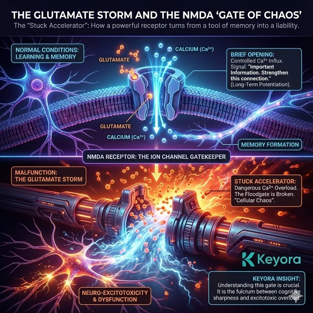 Visualizing the NMDA receptor as the Gate of Chaos stuck open. A relentless unregulated torrent of Calcium ions flooding the neuron. Graphic of excitotoxicity triggering destructive enzymatic reactions. Metaphor of an engine redlining at 10,000 RPM until pistons melt. Neurons degrading under the toxic storm of their own excitation. Visual representation of brain fog as thoughts wading through mud. The transition from high-speed processing to metabolic burnout. Visualizing the NMDA receptor as the Gate of Chaos stuck open. A relentless unregulated torrent of Calcium ions flooding the neuron. Graphic of excitotoxicity triggering destructive enzymatic reactions. Metaphor of an engine redlining at 10,000 RPM until pistons melt. Neurons degrading under the toxic storm of their own excitation. Visual representation of brain fog as thoughts wading through mud. The transition from high-speed processing to metabolic burnout.