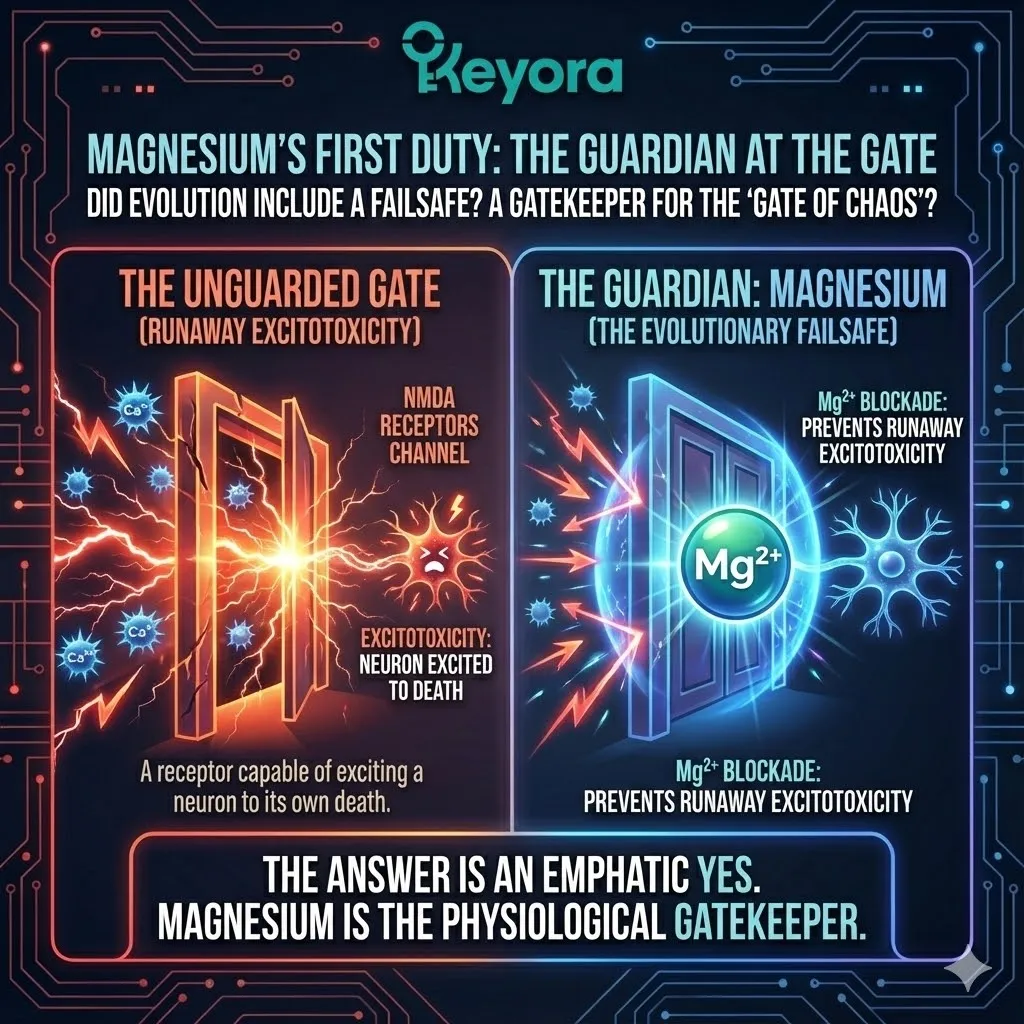 Visualizing the NMDA receptor as a potentially destructive force. The evolutionary question of a biological failsafe mechanism. Graphic of a gatekeeper preventing runaway excitotoxicity. The concept of neurons protected from their own signal intensity. Nature's emphatic yes to the existence of a safety lock. Visualizing the NMDA receptor as a potentially destructive force. The evolutionary question of a biological failsafe mechanism. Graphic of a gatekeeper preventing runaway excitotoxicity. The concept of neurons protected from their own signal intensity. Nature's emphatic yes to the existence of a safety lock.