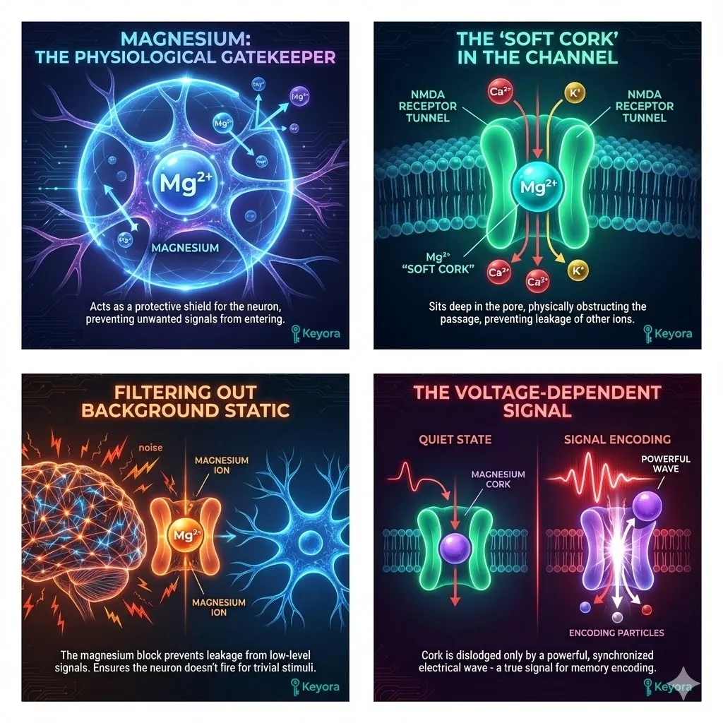 Visualizing the NMDA receptor channel as a microscopic tunnel through the cell membrane. The Magnesium ion Mg2+ acting as a natural soft cork sitting deep within the pore. Physically obstructing the flow of Calcium and Potassium ions. The concept of voltage-dependent blockade filtering out background neural static. The cork dislodging only for powerful synchronized electrical signals. Immediate re-sealing of the channel to restore cellular quiet. Visualizing the NMDA receptor channel as a microscopic tunnel through the cell membrane. The Magnesium ion Mg2+ acting as a natural soft cork sitting deep within the pore. Physically obstructing the flow of Calcium and Potassium ions. The concept of voltage-dependent blockade filtering out background neural static. The cork dislodging only for powerful synchronized electrical signals. Immediate re-sealing of the channel to restore cellular quiet.