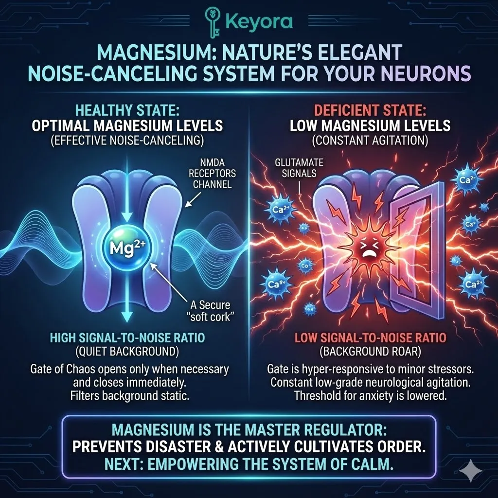 Visualizing Magnesium as nature's built-in noise-canceling system. Graphic of a magnesium-deficient brain with missing ion corks. Unprotected NMDA receptors swinging open at minor provocations like noise or worry. Depiction of a disproportionate calcium flood triggered by trivial stimuli. Visualizing the collapse of the neural signal-to-noise ratio. Background static amplifying into a roar creating low-grade neurological agitation. The concept of a "twitchy" reactive system unable to ignore the irrelevant. Visualizing Magnesium as nature's built-in noise-canceling system. Graphic of a magnesium-deficient brain with missing ion corks. Unprotected NMDA receptors swinging open at minor provocations like noise or worry. Depiction of a disproportionate calcium flood triggered by trivial stimuli. Visualizing the collapse of the neural signal-to-noise ratio. Background static amplifying into a roar creating low-grade neurological agitation. The concept of a "twitchy" reactive system unable to ignore the irrelevant.