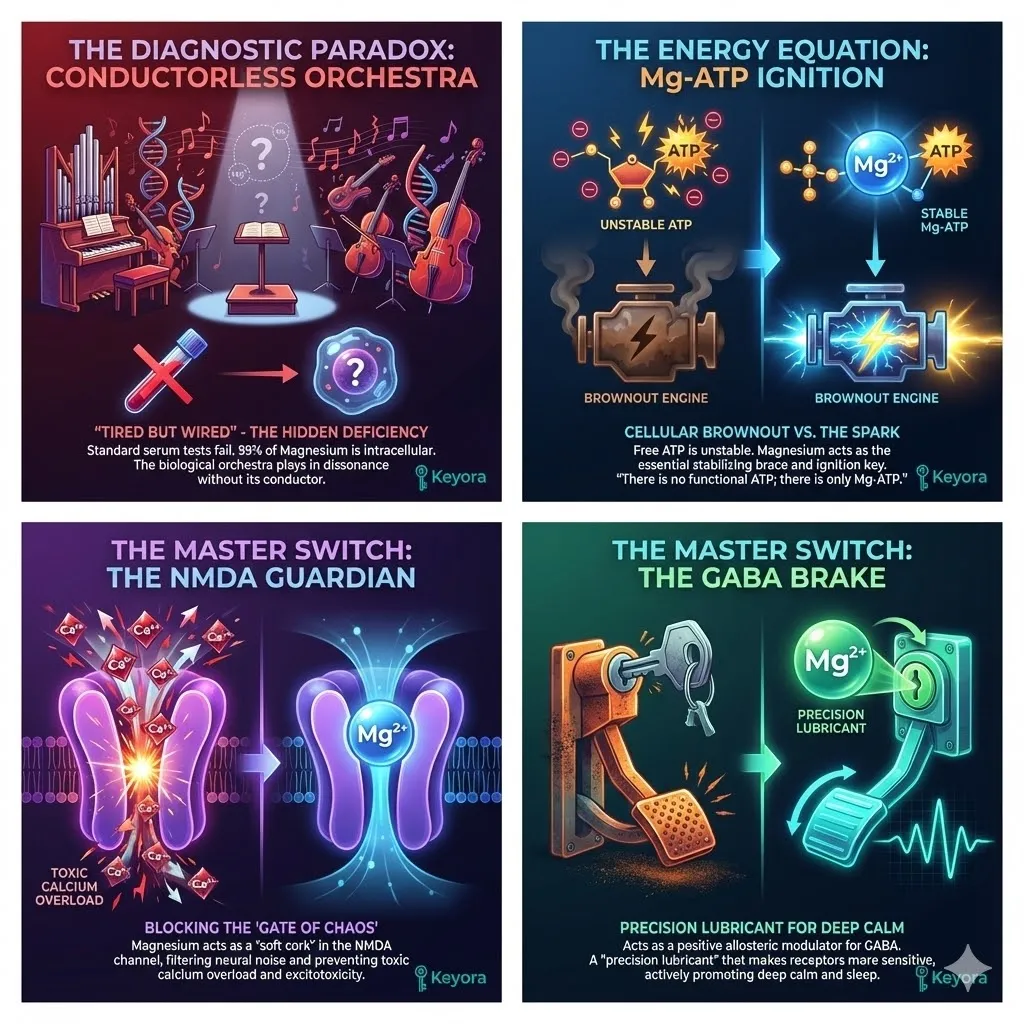 The Spark of Life framework within Keyora Nutritional Neurology. Visualizing the diagnostic paradox of the tired but wired high performer. Metaphor of the body as an orchestra descending into dissonance without its conductor. Graphic of the Mg-ATP complex acting as the essential ignition key for biological energy infrastructure. Diagram of Magnesium functioning as the voltage-dependent soft cork inside the NMDA receptor channel. Illustration of the GABA brake pedal being lubricated for deep calm. The transition from cellular brownout to synchronized physiological rhythm. The Spark of Life framework within Keyora Nutritional Neurology. Visualizing the diagnostic paradox of the tired but wired high performer. Metaphor of the body as an orchestra descending into dissonance without its conductor. Graphic of the Mg-ATP complex acting as the essential ignition key for biological energy infrastructure. Diagram of Magnesium functioning as the voltage-dependent soft cork inside the NMDA receptor channel. Illustration of the GABA brake pedal being lubricated for deep calm. The transition from cellular brownout to synchronized physiological rhythm.