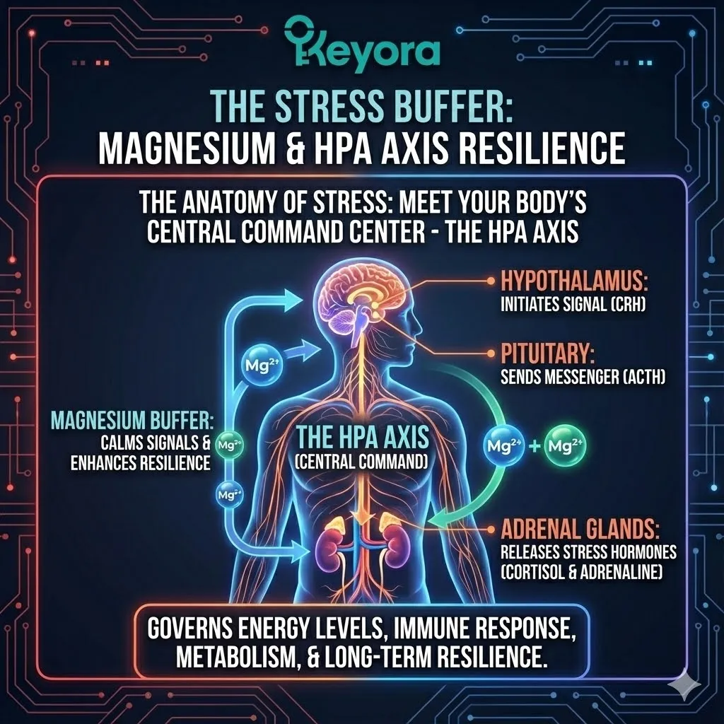 Visualizing the Hypothalamic-Pituitary-Adrenal Axis as the body's Central Command Center. Mapping the signaling pathway from Hypothalamus to Pituitary to Adrenals. Contrast between immediate adrenaline and the enduring hormonal regulation. Graphic of the dedicated hardware managing the physical reality of stress. The control system governing energy, immunity, and metabolic resilience. Visualizing the Hypothalamic-Pituitary-Adrenal Axis as the body's Central Command Center. Mapping the signaling pathway from Hypothalamus to Pituitary to Adrenals. Contrast between immediate adrenaline and the enduring hormonal regulation. Graphic of the dedicated hardware managing the physical reality of stress. The control system governing energy, immunity, and metabolic resilience.