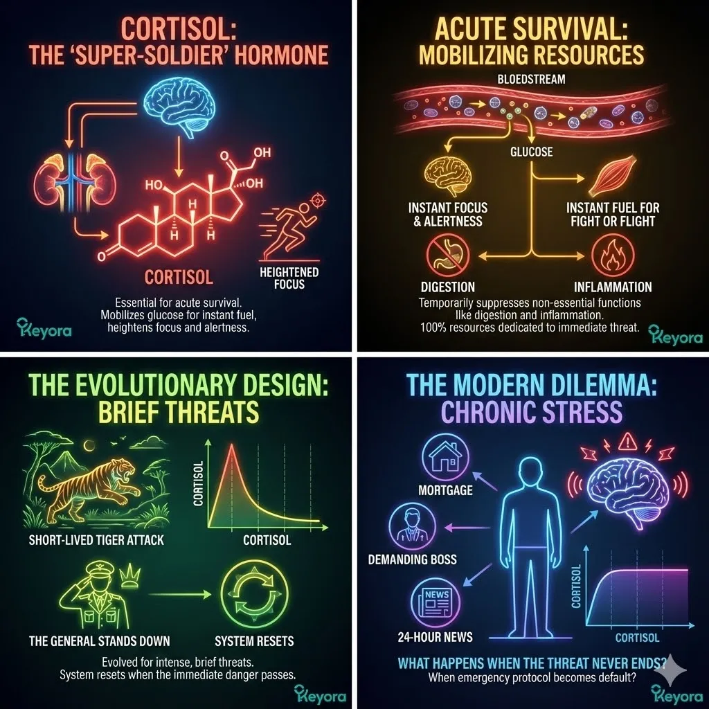 Visualizing Cortisol as a biological super-soldier mobilizing glucose fuel for acute survival. The mechanism of suppressing digestion and inflammation to prioritize flight. Contrast between the evolutionary tiger threat and modern chronic stressors. Graphic of the mortgage and 24-hour news cycle acting as the new predators. The HPA axis trapped in a permanent state of war. Metaphor of the emergency protocol becoming the default operating system. Visualizing Cortisol as a biological super-soldier mobilizing glucose fuel for acute survival. The mechanism of suppressing digestion and inflammation to prioritize flight. Contrast between the evolutionary tiger threat and modern chronic stressors. Graphic of the mortgage and 24-hour news cycle acting as the new predators. The HPA axis trapped in a permanent state of war. Metaphor of the emergency protocol becoming the default operating system.