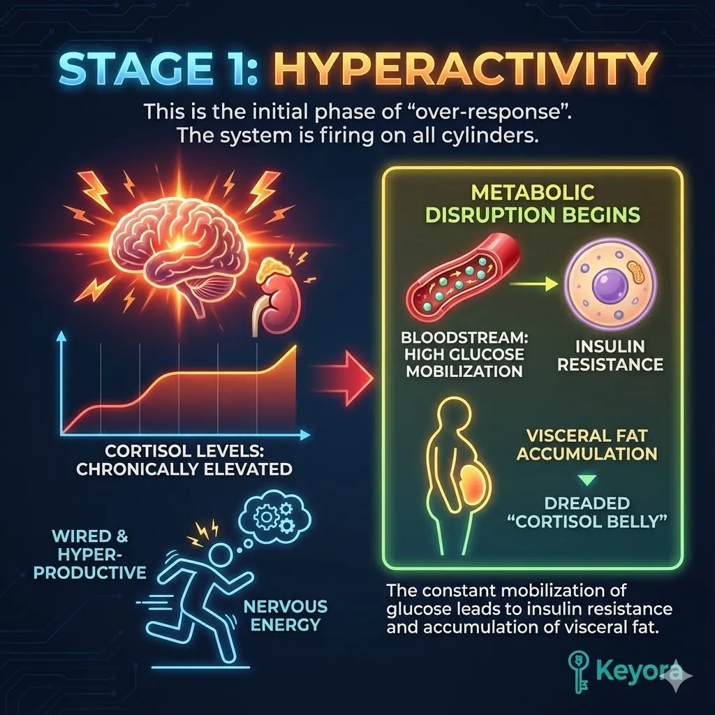 Visualizing the initial phase of HPA axis hyperactivity. The system firing on all cylinders with chronically elevated cortisol. Depicting the "wired" and anxious state of hyper-productivity. Graphic of metabolic disruption showing glucose mobilization. Illustration of insulin resistance leading to visceral fat accumulation. The biological reality of the "cortisol belly." Visualizing the initial phase of HPA axis hyperactivity. The system firing on all cylinders with chronically elevated cortisol. Depicting the "wired" and anxious state of hyper-productivity. Graphic of metabolic disruption showing glucose mobilization. Illustration of insulin resistance leading to visceral fat accumulation. The biological reality of the "cortisol belly."