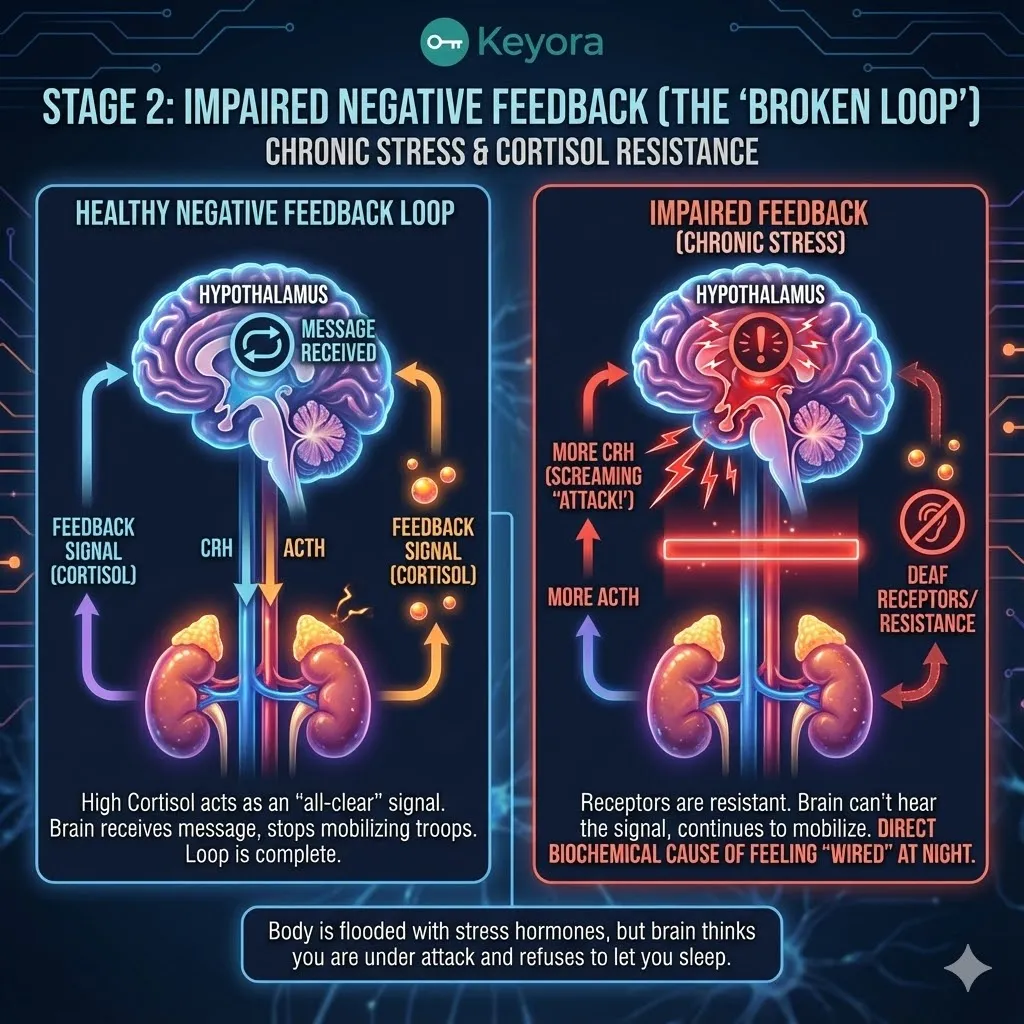 Visualizing the healthy negative feedback loop where Cortisol signals "all clear" to the brain. Graphic of the broken feedback mechanism under chronic stress conditions. The Hypothalamus General becoming "deaf" to the systemic cortisol signal. Continued release of CRH despite high blood cortisol levels. Illustration of the "wired" at night state driven by a relentless central alarm. The disconnect between body saturation and brain perception. Visualizing the healthy negative feedback loop where Cortisol signals "all clear" to the brain. Graphic of the broken feedback mechanism under chronic stress conditions. The Hypothalamus General becoming "deaf" to the systemic cortisol signal. Continued release of CRH despite high blood cortisol levels. Illustration of the "wired" at night state driven by a relentless central alarm. The disconnect between body saturation and brain perception.