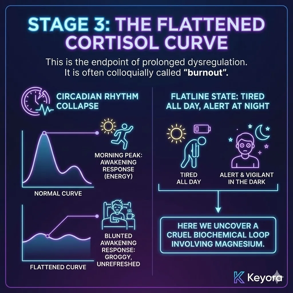 Visualizing the collapse of the circadian rhythm. Contrast between the healthy "mountain" Cortisol curve and the pathological "flatline" of burnout. Graphic of the blunted morning peak leading to waking grogginess. The failure of the evening decline keeping the system alert in the dark. The "tired all day, wired at night" paradox mapped onto a biological timeline. Depiction of the endpoint of prolonged dysregulation. Visualizing the collapse of the circadian rhythm. Contrast between the healthy "mountain" Cortisol curve and the pathological "flatline" of burnout. Graphic of the blunted morning peak leading to waking grogginess. The failure of the evening decline keeping the system alert in the dark. The "tired all day, wired at night" paradox mapped onto a biological timeline. Depiction of the endpoint of prolonged dysregulation.