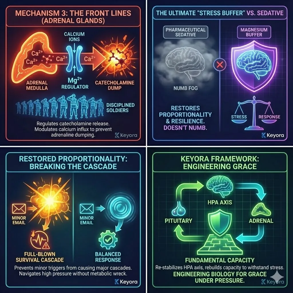 Visualizing the Adrenal Glands as the front lines of the stress response. Magnesium modulating calcium influx into adrenal medullary cells. Preventing the chaotic dumping of adrenaline and norepinephrine. Metaphor of keeping the soldiers disciplined versus a panicked mob. Graphic of the "Stress Buffer" restoring proportional response. The distinction between pharmaceutical sedation and biological resilience. Engineering the capacity to withstand pressure with grace. Visualizing the Adrenal Glands as the front lines of the stress response. Magnesium modulating calcium influx into adrenal medullary cells. Preventing the chaotic dumping of adrenaline and norepinephrine. Metaphor of keeping the soldiers disciplined versus a panicked mob. Graphic of the "Stress Buffer" restoring proportional response. The distinction between pharmaceutical sedation and biological resilience. Engineering the capacity to withstand pressure with grace.