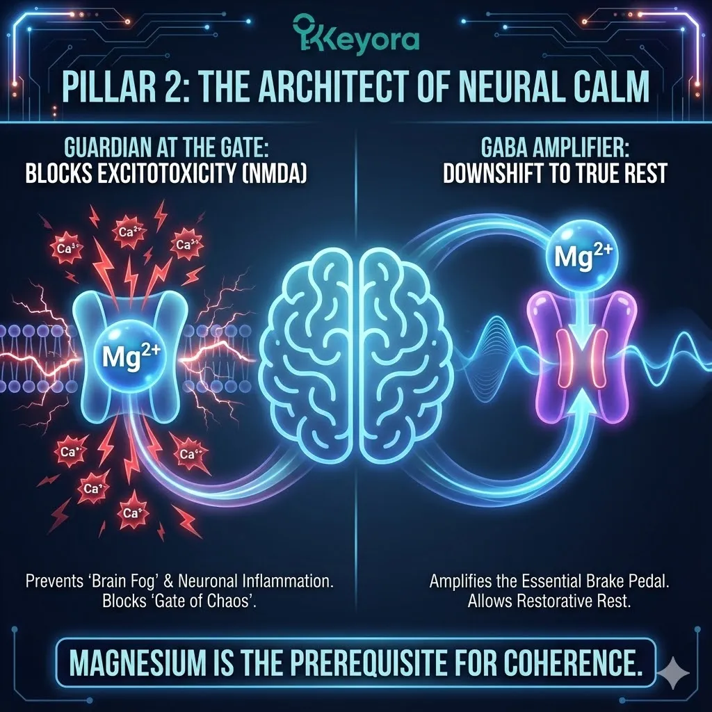 Visualizing the architecture of neural calm. The NMDA receptor acting as the "Gate of Chaos." Toxic calcium flooding neurons creating noise. GABA depicted as the essential brake pedal. Magnesium functioning as the "Master Switch." The ion acting as a guardian at the gate. Blocking excitotoxicity and brain fog. Amplifying the signal to downshift the brain. Defining the prerequisite for coherence. Visualizing the architecture of neural calm. The NMDA receptor acting as the "Gate of Chaos." Toxic calcium flooding neurons creating noise. GABA depicted as the essential brake pedal. Magnesium functioning as the "Master Switch." The ion acting as a guardian at the gate. Blocking excitotoxicity and brain fog. Amplifying the signal to downshift the brain. Defining the prerequisite for coherence.