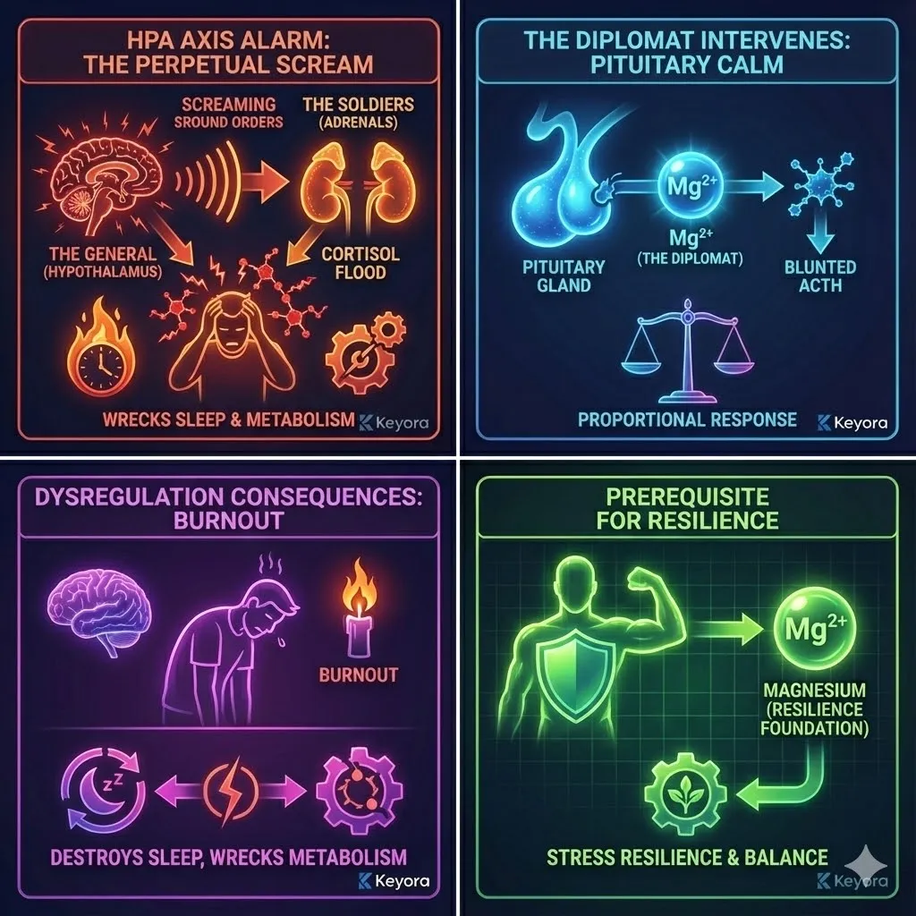 Visualizing Pillar 3 of the Keyora framework as the buffer against chronic stress. The HPA Axis stuck in a state of perpetual alarm. The Hypothalamus General screaming orders to the Adrenal Soldiers. Cortisol flood destroying sleep and metabolism. Magnesium acting as the Diplomat intervening at the Pituitary gland. Blunting the ACTH signal to restore proportionality. Contrast between burnout and biological resilience. Defining the prerequisite for resilience. Visualizing Pillar 3 of the Keyora framework as the buffer against chronic stress. The HPA Axis stuck in a state of perpetual alarm. The Hypothalamus General screaming orders to the Adrenal Soldiers. Cortisol flood destroying sleep and metabolism. Magnesium acting as the Diplomat intervening at the Pituitary gland. Blunting the ACTH signal to restore proportionality. Contrast between burnout and biological resilience. Defining the prerequisite for resilience.