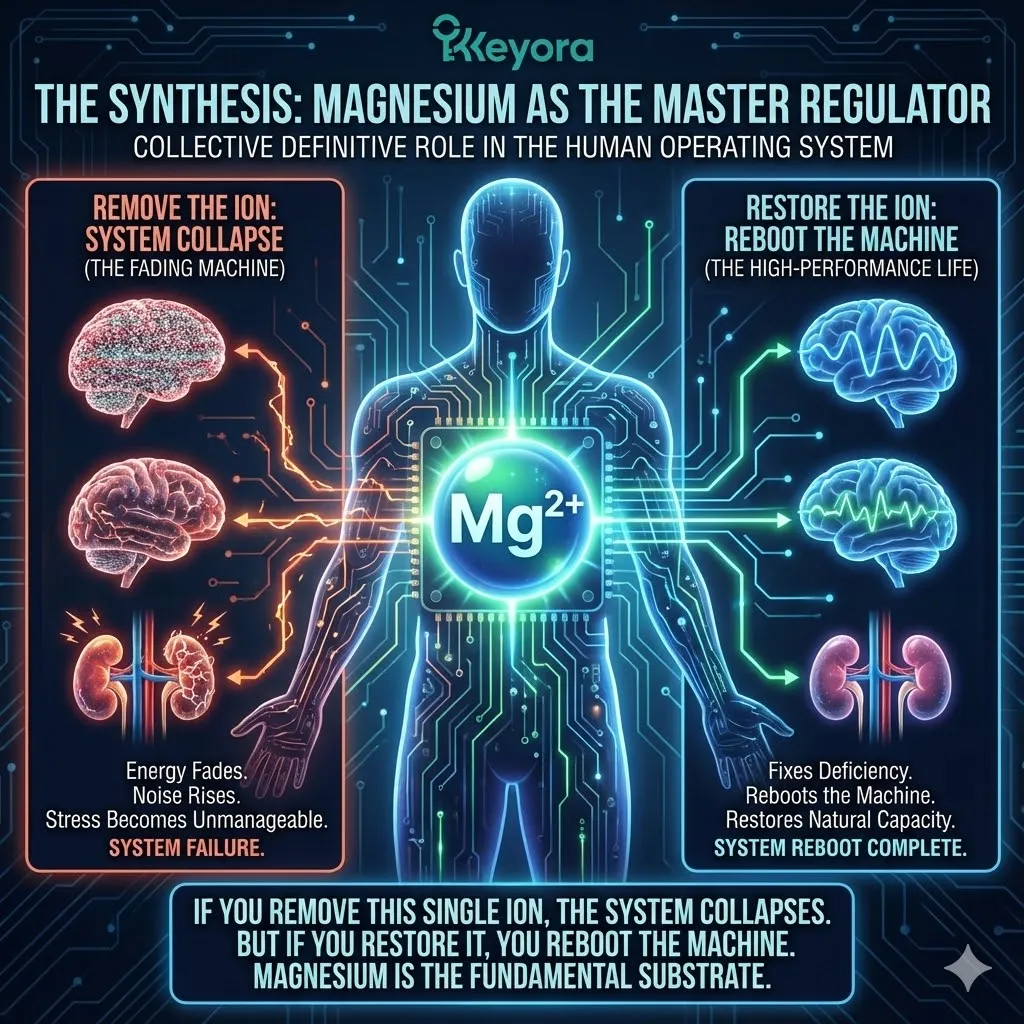 Visualizing the synthesis of the three pillars. Magnesium as the master regulator of the human operating system. Contrast between system collapse without the magnesium ion. Graphic of fading energy and rising noise. The concept of the "Reboot." Restoring the machine to optimal function. Moving beyond simple deficiency repair. Visualizing the synthesis of the three pillars. Magnesium as the master regulator of the human operating system. Contrast between system collapse without the magnesium ion. Graphic of fading energy and rising noise. The concept of the "Reboot." Restoring the machine to optimal function. Moving beyond simple deficiency repair.