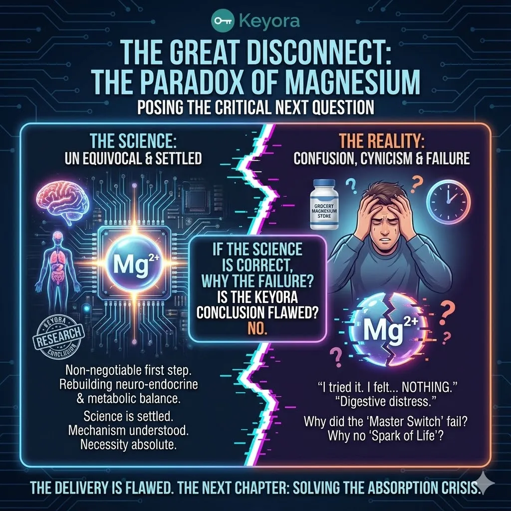 Visualizing the Great Disconnect between scientific theory and consumer reality. The frustration of the modern high-performer. Graphic of a generic grocery store supplement bottle. The experience of taking magnesium and feeling absolutely nothing. The paradox of the "Master Switch" failing. Digestive distress replacing the promised calm. Posing the critical question: Is the science wrong, or is the bottle wrong? Visualizing the Great Disconnect between scientific theory and consumer reality. The frustration of the modern high-performer. Graphic of a generic grocery store supplement bottle. The experience of taking magnesium and feeling absolutely nothing. The paradox of the "Master Switch" failing. Digestive distress replacing the promised calm. Posing the critical question: Is the science wrong, or is the bottle wrong?