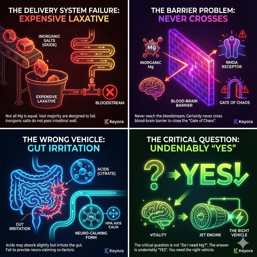 Visualizing the failure of the delivery system. Contrast between the mineral and the vehicle. Graphic of Magnesium Oxide acting as a geological rock. The inability to pass the intestinal wall. The failure to cross the blood-brain barrier. Depiction of the supplement acting as a laxative. Magnesium Citrate irritating the gut lining. Metaphor of fueling a jet engine with crude oil. Defining the difference between absorption and waste. Visualizing the failure of the delivery system. Contrast between the mineral and the vehicle. Graphic of Magnesium Oxide acting as a geological rock. The inability to pass the intestinal wall. The failure to cross the blood-brain barrier. Depiction of the supplement acting as a laxative. Magnesium Citrate irritating the gut lining. Metaphor of fueling a jet engine with crude oil. Defining the difference between absorption and waste.