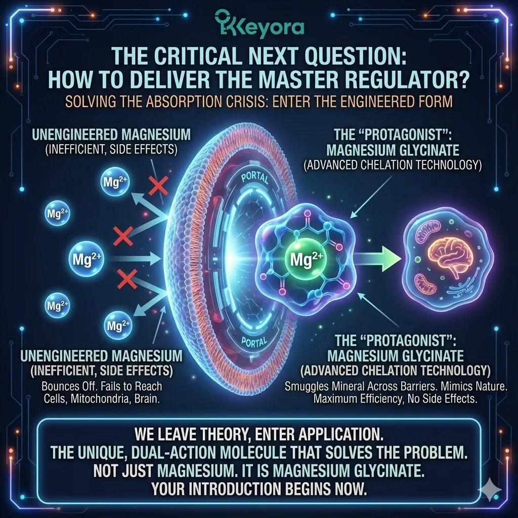 Visualizing the critical question of bioavailability. The challenge of crossing biological barriers. Graphic of advanced chelation technology. The concept of "smuggling" the mineral into cells. Introduction of the "Protagonist" molecule. The synergistic structure of Magnesium Glycinate. Binding magnesium to the amino acid Glycine. The transition from theory to the realm of application. Solving the absorption problem once and for all. Visualizing the critical question of bioavailability. The challenge of crossing biological barriers. Graphic of advanced chelation technology. The concept of "smuggling" the mineral into cells. Introduction of the "Protagonist" molecule. The synergistic structure of Magnesium Glycinate. Binding magnesium to the amino acid Glycine. The transition from theory to the realm of application. Solving the absorption problem once and for all.