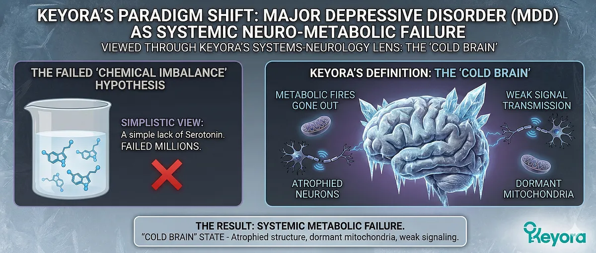 The prevailing "Chemical Imbalance" hypothesis for MDD (Major Depressive Disorder) is rejected as overly simplistic. Keyora defines Depression as a Systemic Neuro-Metabolic Failure or the "Cold Brain" phenotype. In this state, the CNS metabolic fires are extinguished, leading to weak signal transmission, structural atrophy, and dormant mitochondria, requiring a systemic rather than a reductionist approach. The prevailing "Chemical Imbalance" hypothesis for MDD (Major Depressive Disorder) is rejected as overly simplistic. Keyora defines Depression as a Systemic Neuro-Metabolic Failure or the "Cold Brain" phenotype. In this state, the CNS metabolic fires are extinguished, leading to weak signal transmission, structural atrophy, and dormant mitochondria, requiring a systemic rather than a reductionist approach.