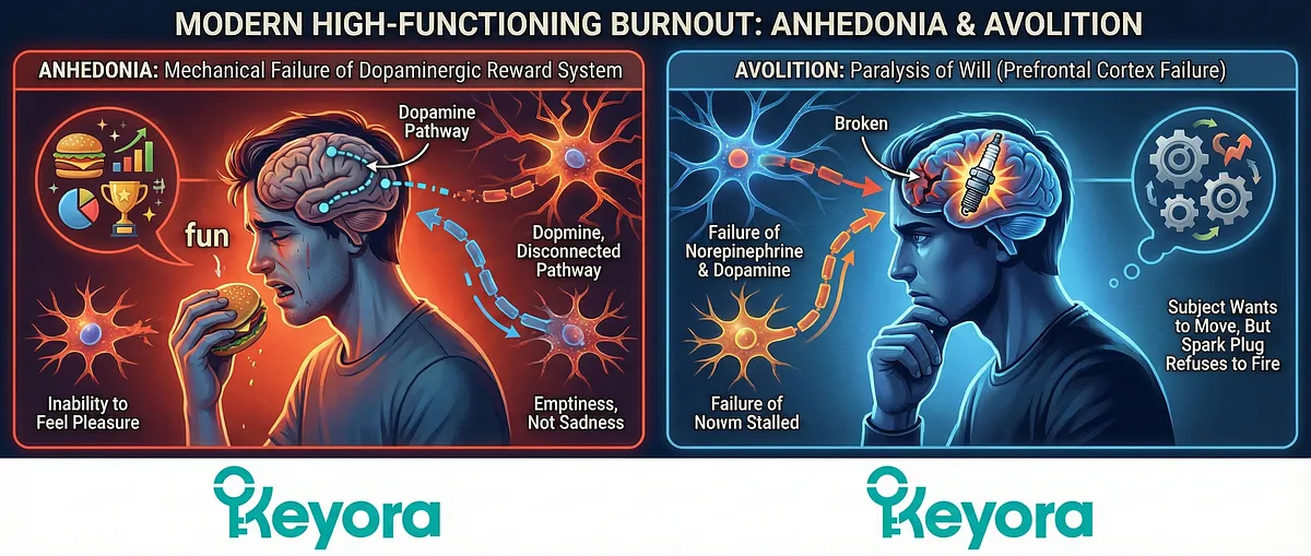 The pathology of the "Cold Brain" manifests in two devastating symptoms defining high-functioning burnout. Anhedonia is the mechanical failure of the Dopaminergic Reward System, resulting in the inability to feel pleasure (emptiness, not sadness). Avolition is the paralysis of will, a failure of Norepinephrine and Dopamine transmission in the Prefrontal Cortex, preventing motivation ("spark plug refuses to fire"). The pathology of the "Cold Brain" manifests in two devastating symptoms defining high-functioning burnout. Anhedonia is the mechanical failure of the Dopaminergic Reward System, resulting in the inability to feel pleasure (emptiness, not sadness). Avolition is the paralysis of will, a failure of Norepinephrine and Dopamine transmission in the Prefrontal Cortex, preventing motivation ("spark plug refuses to fire").