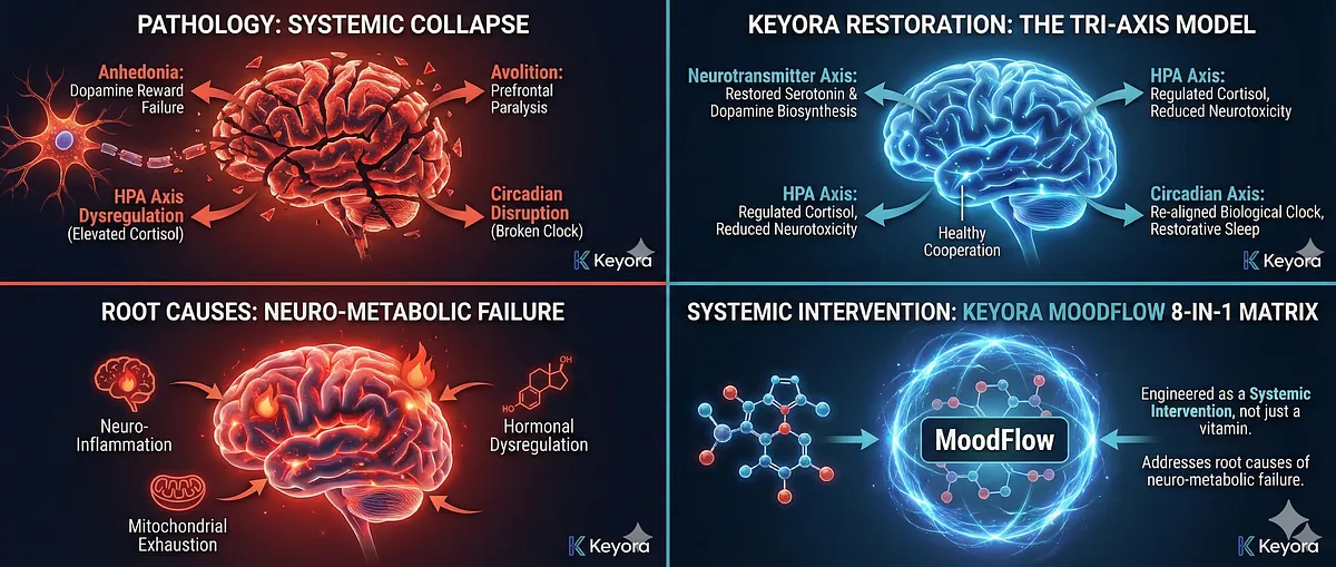 The Keyora Tri-Axis Model defines recovery from systemic collapse by simultaneously addressing three axes: Neurotransmitter (restoring Serotonin/Dopamine signaling), HPA Axis (regulating neurotoxic Cortisol which mutes joy), and Circadian Axis (restoring sleep/mitochondrial energy). The Keyora MoodFlow 8-in-1 Matrix is a Systemic Intervention targeting Neuro-Inflammation, Hormonal Dysregulation, and Mitochondrial Exhaustion. The Keyora Tri-Axis Model defines recovery from systemic collapse by simultaneously addressing three axes: Neurotransmitter (restoring Serotonin/Dopamine signaling), HPA Axis (regulating neurotoxic Cortisol which mutes joy), and Circadian Axis (restoring sleep/mitochondrial energy). The Keyora MoodFlow 8-in-1 Matrix is a Systemic Intervention targeting Neuro-Inflammation, Hormonal Dysregulation, and Mitochondrial Exhaustion.