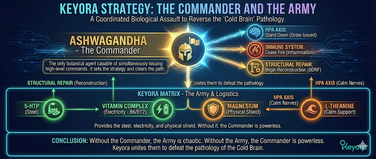 The Keyora strategy to reverse the Cold Brain uses Ashwagandha as the "Commander," issuing high-level commands to the HPA Axis, Immune System (Inflammation), and Structural Repair (BDNF). The Keyora Matrix (Army/Logistics - Magnesium, 5-HTP, Theanine, Vitamins) provides the necessary fuel (5-HTP/B6) and protection (Magnesium). Ashwagandha sets the strategy, but the Matrix is essential for executing the coordinated biological assault. The Keyora strategy to reverse the Cold Brain uses Ashwagandha as the "Commander," issuing high-level commands to the HPA Axis, Immune System (Inflammation), and Structural Repair (BDNF). The Keyora Matrix (Army/Logistics - Magnesium, 5-HTP, Theanine, Vitamins) provides the necessary fuel (5-HTP/B6) and protection (Magnesium). Ashwagandha sets the strategy, but the Matrix is essential for executing the coordinated biological assault.