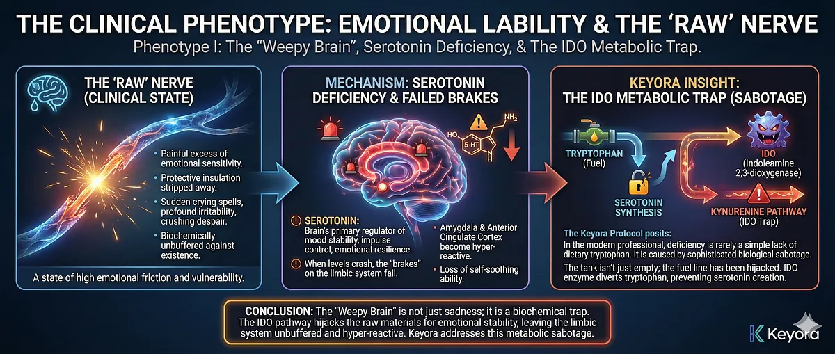 Phenotype I (The Weepy Brain) of MDD is characterized by painful Emotional Lability and feeling "raw," typical of Serotonin Deficiency. This failure of the mood stability "brakes" causes Amygdala and Anterior Cingulate Cortex hyper-reactivity. Keyora posits this deficiency is due to the IDO Metabolic Trap (hijacked fuel line), not just dietary lack, requiring more than simple supplementation. Phenotype I (The Weepy Brain) of MDD is characterized by painful Emotional Lability and feeling "raw," typical of Serotonin Deficiency. This failure of the mood stability "brakes" causes Amygdala and Anterior Cingulate Cortex hyper-reactivity. Keyora posits this deficiency is due to the IDO Metabolic Trap (hijacked fuel line), not just dietary lack, requiring more than simple supplementation.