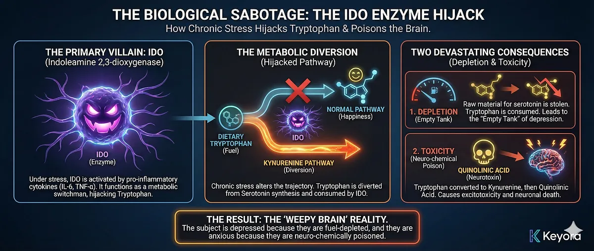 The mechanism of the "Weepy Brain" is the IDO Enzyme Hijack. Stress-induced cytokines (IL-6, TNF-α) activate IDO, which acts as a metabolic switchman. It diverts Tryptophan away from the Serotonin pathway and down the Kynurenine Pathway. This leads to Depletion ("Empty Tank") and Toxicity (Quinolinic Acid acts as a neurotoxin/NMDA agonist), causing fuel-depleted depression and neuro-chemical poisoning. The mechanism of the "Weepy Brain" is the IDO Enzyme Hijack. Stress-induced cytokines (IL-6, TNF-α) activate IDO, which acts as a metabolic switchman. It diverts Tryptophan away from the Serotonin pathway and down the Kynurenine Pathway. This leads to Depletion ("Empty Tank") and Toxicity (Quinolinic Acid acts as a neurotoxin/NMDA agonist), causing fuel-depleted depression and neuro-chemical poisoning.