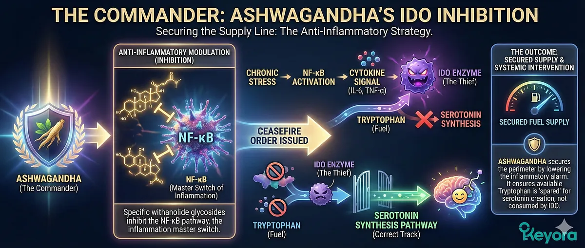 Ashwagandha (The Commander) stops the IDO Enzyme Hijack via Anti-Inflammatory Modulation. By inhibiting the NF-κB pathway, Ashwagandha suppresses the release of IL-6/TNF-α cytokines. Without this signal, IDO is not activated, and Tryptophan is spared, ensuring the metabolic train switches back to the Serotonin Synthesis Pathway. This Systemic Intervention secures the perimeter for serotonin production. Ashwagandha (The Commander) stops the IDO Enzyme Hijack via Anti-Inflammatory Modulation. By inhibiting the NF-κB pathway, Ashwagandha suppresses the release of IL-6/TNF-α cytokines. Without this signal, IDO is not activated, and Tryptophan is spared, ensuring the metabolic train switches back to the Serotonin Synthesis Pathway. This Systemic Intervention secures the perimeter for serotonin production.