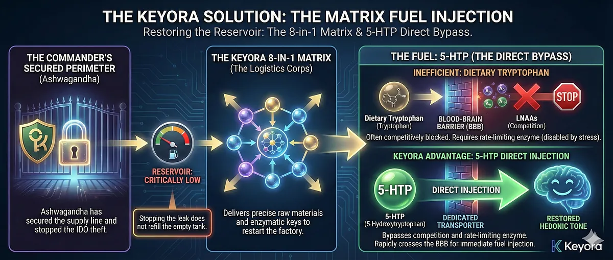 The Keyora Matrix provides Fuel Injection to refill the depleted Serotonin reservoir. 5-HTP (Logistics Corps) offers a direct bypass, rapidly crossing the BBB via a dedicated transporter. This bypasses competition with LNAAs and the rate-limiting Tryptophan Hydroxylase enzyme (often disabled by stress), providing the immediate precursor required to restore hedonic tone and combat chronic depression. The Keyora Matrix provides Fuel Injection to refill the depleted Serotonin reservoir. 5-HTP (Logistics Corps) offers a direct bypass, rapidly crossing the BBB via a dedicated transporter. This bypasses competition with LNAAs and the rate-limiting Tryptophan Hydroxylase enzyme (often disabled by stress), providing the immediate precursor required to restore hedonic tone and combat chronic depression.