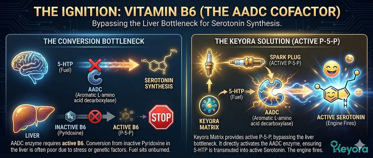 The conversion of 5-HTP to Serotonin is bottlenecked by the AADC enzyme, which requires active Vitamin B6. Keyora provides B6 as active P-5-P (Pyridoxal-5’-Phosphate), the "Spark Plug." This bypasses liver conversion bottlenecks and directly activates the AADC enzyme, ensuring 5-HTP is physically transmuted into active Serotonin, allowing the "engine" to fire. The conversion of 5-HTP to Serotonin is bottlenecked by the AADC enzyme, which requires active Vitamin B6. Keyora provides B6 as active P-5-P (Pyridoxal-5’-Phosphate), the "Spark Plug." This bypasses liver conversion bottlenecks and directly activates the AADC enzyme, ensuring 5-HTP is physically transmuted into active Serotonin, allowing the "engine" to fire.