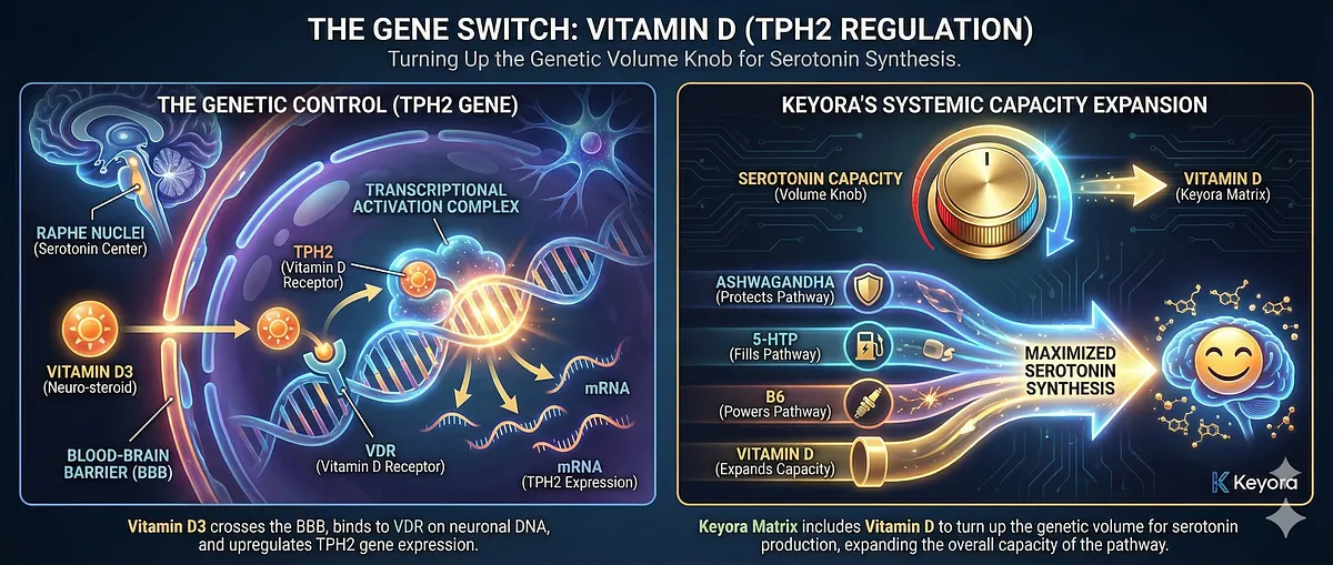 Vitamin D3 acts as a neuro-steroid hormone, binding to VDR on DNA to create a Transcriptional Activation Complex that upregulates the TPH2 Gene (Tryptophan Hydroxylase 2). This turns up the genetic "Volume Knob" for Serotonin production in the Raphe Nuclei. By including Vitamin D, the Keyora Matrix expands the capacity of the pathway, ensuring maximized Serotonin synthesis alongside 5-HTP and B6. Vitamin D3 acts as a neuro-steroid hormone, binding to VDR on DNA to create a Transcriptional Activation Complex that upregulates the TPH2 Gene (Tryptophan Hydroxylase 2). This turns up the genetic "Volume Knob" for Serotonin production in the Raphe Nuclei. By including Vitamin D, the Keyora Matrix expands the capacity of the pathway, ensuring maximized Serotonin synthesis alongside 5-HTP and B6.