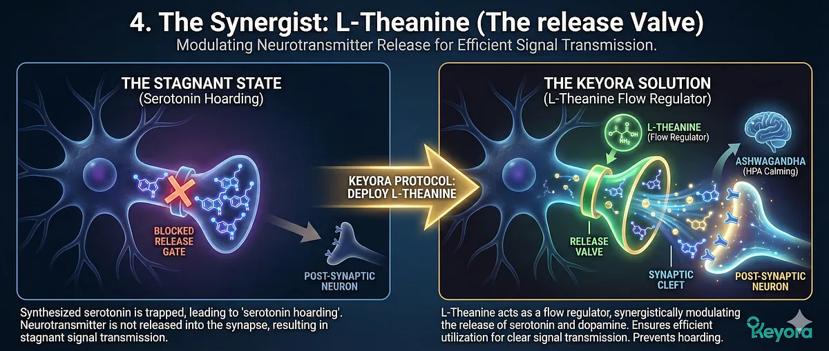 L-Theanine acts as the "Flow Regulator" and Synergist to ensure neurotransmitter release. It synergistically modulates the release of Serotonin and Dopamine in the cortex and hippocampus. While Ashwagandha calms the HPA axis, L-Theanine prevents "serotonin hoarding" and ensures efficient utilization of newly synthesized neurotransmitters for signal transmission, acting as the "release Valve." L-Theanine acts as the "Flow Regulator" and Synergist to ensure neurotransmitter release. It synergistically modulates the release of Serotonin and Dopamine in the cortex and hippocampus. While Ashwagandha calms the HPA axis, L-Theanine prevents "serotonin hoarding" and ensures efficient utilization of newly synthesized neurotransmitters for signal transmission, acting as the "release Valve."