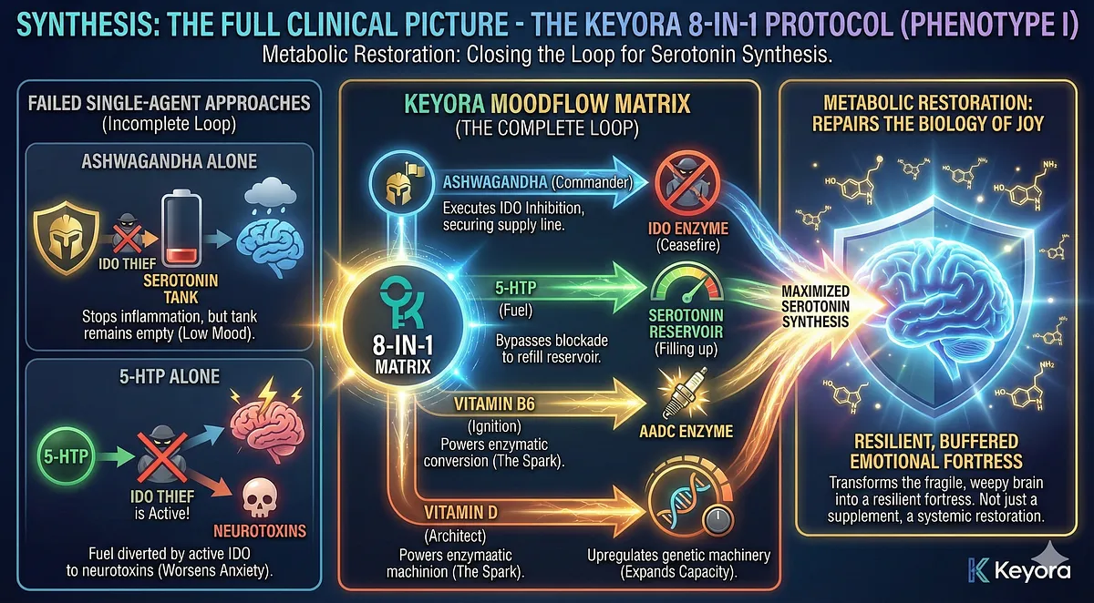 The Keyora MoodFlow Matrix for the "Weepy Brain" closes the loop: Ashwagandha (Commander) performs IDO Inhibition (securing the supply line). 5-HTP (Fuel) refills the reservoir. Vitamin B6 (Ignition) powers the enzymatic conversion, and Vitamin D (Architect) upregulates genetic machinery. This Metabolic Restoration repairs the biology of joy, preventing the diversion of fuel into neurotoxins that occurs when 5-HTP is used alone in an inflamed system. The Keyora MoodFlow Matrix for the "Weepy Brain" closes the loop: Ashwagandha (Commander) performs IDO Inhibition (securing the supply line). 5-HTP (Fuel) refills the reservoir. Vitamin B6 (Ignition) powers the enzymatic conversion, and Vitamin D (Architect) upregulates genetic machinery. This Metabolic Restoration repairs the biology of joy, preventing the diversion of fuel into neurotoxins that occurs when 5-HTP is used alone in an inflamed system.