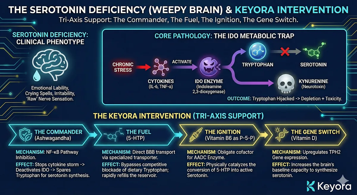 Targeting Serotonin Deficiency ("The Weepy Brain"), the Core Pathology is the IDO Metabolic Trap (Cytokines IL-6/TNF-α hijack Tryptophan to Kynurenine). Ashwagandha (Commander) inhibits NF-κB to stop IDO. 5-HTP (Fuel) bypasses the BBB blockade. P-5-P (Ignition) activates the AADC Enzyme. Vitamin D (Gene Switch) upregulates the TPH2 Gene to ensure complete serotonin synthesis. Targeting Serotonin Deficiency ("The Weepy Brain"), the Core Pathology is the IDO Metabolic Trap (Cytokines IL-6/TNF-α hijack Tryptophan to Kynurenine). Ashwagandha (Commander) inhibits NF-κB to stop IDO. 5-HTP (Fuel) bypasses the BBB blockade. P-5-P (Ignition) activates the AADC Enzyme. Vitamin D (Gene Switch) upregulates the TPH2 Gene to ensure complete serotonin synthesis.
