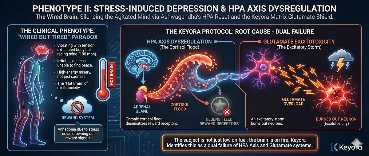Phenotype II (Agitated Depression) is the "Wired but Tired" paradox, a state of high-energy misery distinct from lethargy. This Stress-Induced Depression is characterized by a "Hot Brain" of Excitotoxicity. The root cause is a dual failure: HPA Axis Dysregulation (cortisol flood desensitizes reward receptors) and Glutamate Excitotoxicity (excitatory storm drowns out pleasure signals). Phenotype II (Agitated Depression) is the "Wired but Tired" paradox, a state of high-energy misery distinct from lethargy. This Stress-Induced Depression is characterized by a "Hot Brain" of Excitotoxicity. The root cause is a dual failure: HPA Axis Dysregulation (cortisol flood desensitizes reward receptors) and Glutamate Excitotoxicity (excitatory storm drowns out pleasure signals).