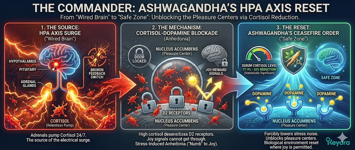 To treat the "Wired Brain" of Phenotype II, Ashwagandha (The Commander) resets the HPA Axis. High Cortisol causes Dopamine Receptor (D2) desensitization in the Nucleus Accumbens, leading to Stress-Induced Anhedonia. By achieving a 27.9% to 32% reduction in Serum Cortisol, Ashwagandha "Unblocks" D2 receptors, removing chemical suppression on pleasure centers and transforming the environment from a "War Zone" to a "Safe Zone." To treat the "Wired Brain" of Phenotype II, Ashwagandha (The Commander) resets the HPA Axis. High Cortisol causes Dopamine Receptor (D2) desensitization in the Nucleus Accumbens, leading to Stress-Induced Anhedonia. By achieving a 27.9% to 32% reduction in Serum Cortisol, Ashwagandha "Unblocks" D2 receptors, removing chemical suppression on pleasure centers and transforming the environment from a "War Zone" to a "Safe Zone."