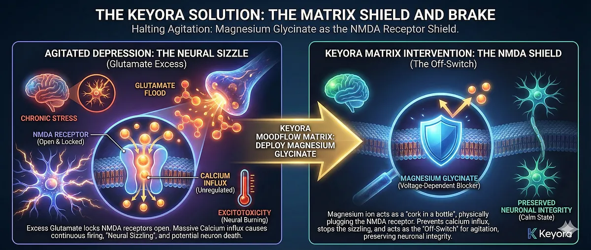 The Keyora Matrix deploys Magnesium Glycinate as the "Heavy Armor" to stop neural agitation. Agitated Depression's signature is Glutamate excess, locking open NMDA Receptors and causing lethal Calcium influx (Excitotoxicity / "Neural Sizzling"). Magnesium acts as the Voltage-Dependent Blocker of the NMDA Receptor, physically plugging the channel and creating a physical shield to preserve neuronal integrity and provide the "Off-Switch" for agitation. The Keyora Matrix deploys Magnesium Glycinate as the "Heavy Armor" to stop neural agitation. Agitated Depression's signature is Glutamate excess, locking open NMDA Receptors and causing lethal Calcium influx (Excitotoxicity / "Neural Sizzling"). Magnesium acts as the Voltage-Dependent Blocker of the NMDA Receptor, physically plugging the channel and creating a physical shield to preserve neuronal integrity and provide the "Off-Switch" for agitation.