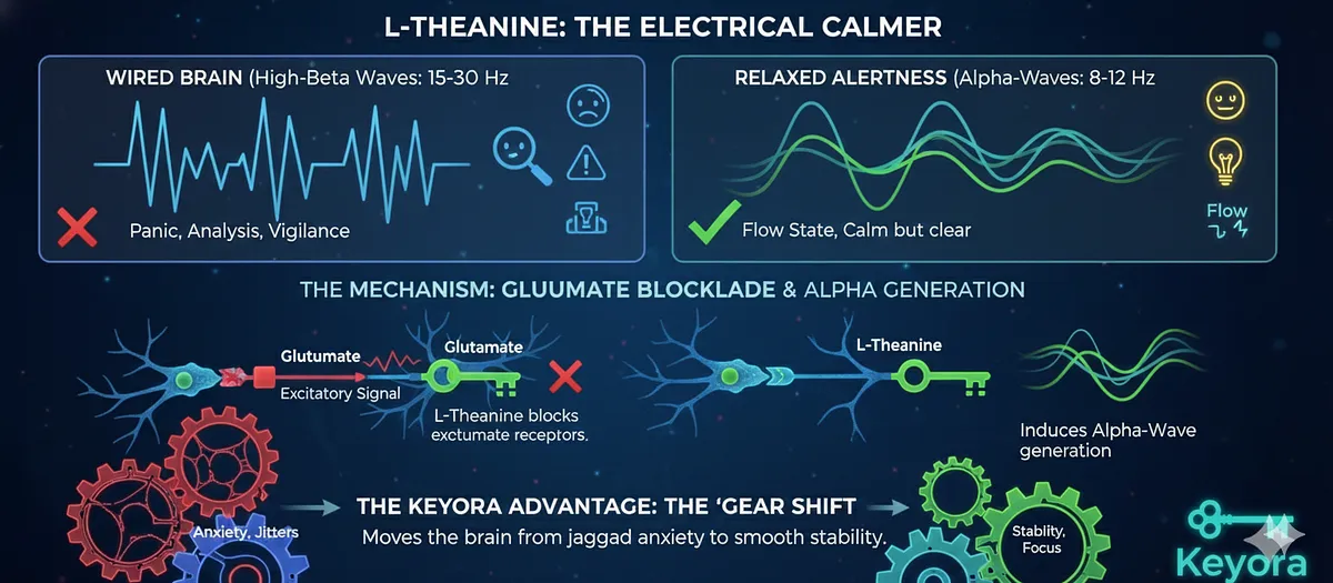 L-Theanine acts as the "Electrical Calmer," shifting the "Wired" brain from high Beta Waves (panic) to Alpha Waves (Relaxed Alertness). As a structural analogue to Glutamate, it blocks the excitatory signal while inducing Alpha-Wave generation (8-12 Hz). The Keyora Matrix uses this "Gear Shift" mechanism to facilitate stability and focus without jitters. L-Theanine acts as the "Electrical Calmer," shifting the "Wired" brain from high Beta Waves (panic) to Alpha Waves (Relaxed Alertness). As a structural analogue to Glutamate, it blocks the excitatory signal while inducing Alpha-Wave generation (8-12 Hz). The Keyora Matrix uses this "Gear Shift" mechanism to facilitate stability and focus without jitters.