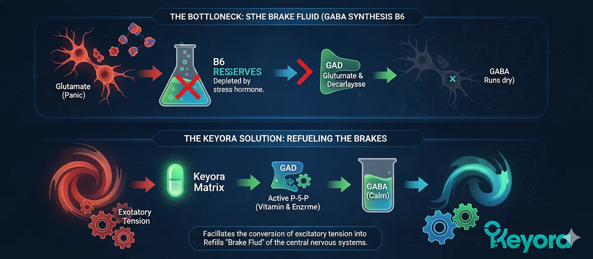 Vitamin B6 (P-5-P) is the "Brake Fluid" for the CNS, essential for GABA Synthesis from Glutamate (Panic $rightarrow$ Calm). The conversion is bottlenecked by the GAD Enzyme (Glutamate Decarboxylase), which is rate-limited by its cofactor, P-5-P. The Keyora Matrix supplies active P-5-P to refuel GAD, converting excitatory tension into inhibitory calm. Vitamin B6 (P-5-P) is the "Brake Fluid" for the CNS, essential for GABA Synthesis from Glutamate (Panic $rightarrow$ Calm). The conversion is bottlenecked by the GAD Enzyme (Glutamate Decarboxylase), which is rate-limited by its cofactor, P-5-P. The Keyora Matrix supplies active P-5-P to refuel GAD, converting excitatory tension into inhibitory calm.