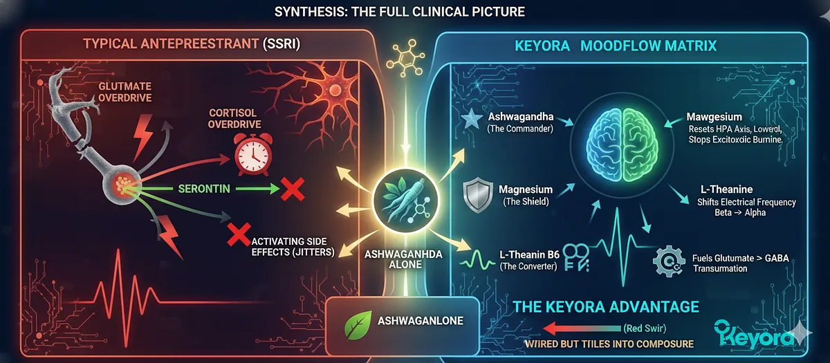 The Keyora MoodFlow Matrix provides the complete tactical response for Agitated Depression (Phenotype II). Ashwagandha (Commander) resets the HPA Axis (Cortisol reduction) and unblocks pleasure capacity. Magnesium (Shield) physically blocks NMDA receptor excitotoxicity. L-Theanine (Calmer) shifts electrical frequency (Beta $rightarrow$ Alpha). Vitamin B6 (Converter) fuels Glutamate to GABA transmutation, resulting in "Composure" and ending the "Wired but Tired" state. The Keyora MoodFlow Matrix provides the complete tactical response for Agitated Depression (Phenotype II). Ashwagandha (Commander) resets the HPA Axis (Cortisol reduction) and unblocks pleasure capacity. Magnesium (Shield) physically blocks NMDA receptor excitotoxicity. L-Theanine (Calmer) shifts electrical frequency (Beta $rightarrow$ Alpha). Vitamin B6 (Converter) fuels Glutamate to GABA transmutation, resulting in "Composure" and ending the "Wired but Tired" state.