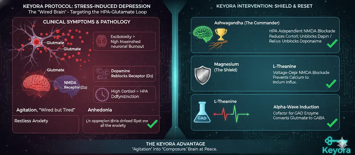Targeting Stress-Induced Depression ("The Wired Brain"), the Core Pathology is the HPA-Glutamate Loop. High Cortisol desensitizes D2 Receptors (Anhedonia), and Glutamate causes Excitotoxicity. Ashwagandha (Commander) reduces Cortisol and unblocks Dopamine. Magnesium (Shield) provides NMDA Blockade. L-Theanine (Calmer) induces Alpha-Waves. Vitamin B6 (Converter) fuels GAD Enzyme to convert Glutamate $rightarrow - GABA. Targeting Stress-Induced Depression ("The Wired Brain"), the Core Pathology is the HPA-Glutamate Loop. High Cortisol desensitizes D2 Receptors (Anhedonia), and Glutamate causes Excitotoxicity. Ashwagandha (Commander) reduces Cortisol and unblocks Dopamine. Magnesium (Shield) provides NMDA Blockade. L-Theanine (Calmer) induces Alpha-Waves. Vitamin B6 (Converter) fuels GAD Enzyme to convert Glutamate $rightarrow - GABA.