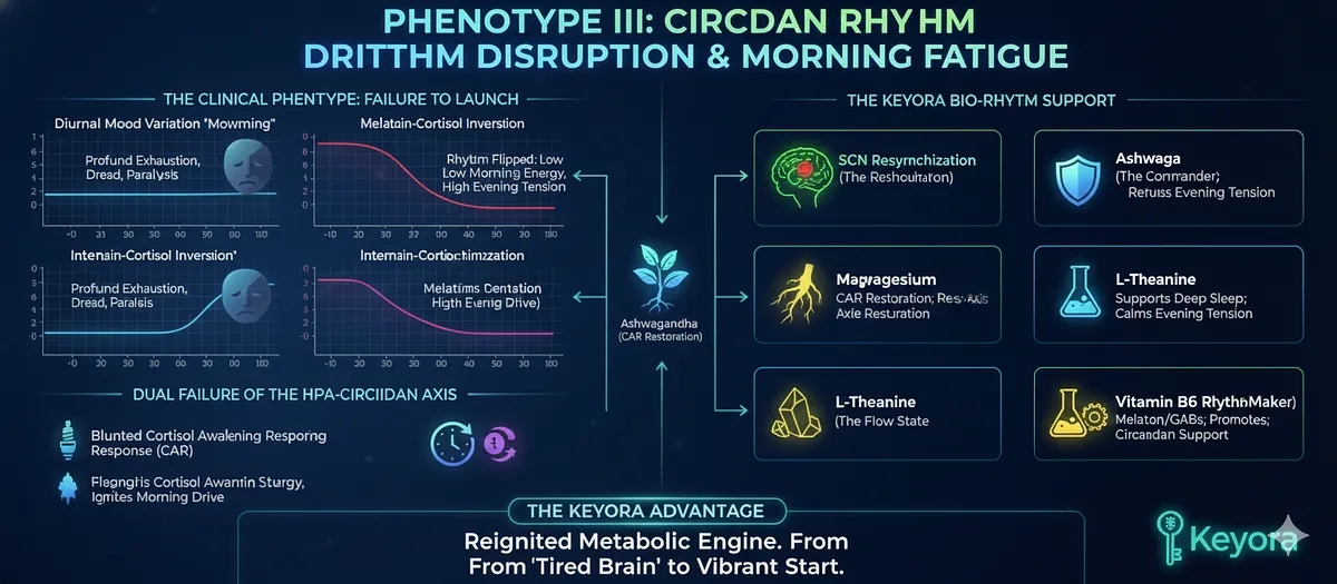 Phenotype III (Failure to Launch) of MDD is defined by Diurnal Mood Variation ("Morning Worsening") and profound, leaden exhaustion (Sleep Inertia). This is a biological failure of the ignition system due to Circadian Rhythm Disruption and HPA-Circadian Axis dual failure: Blunted Cortisol Awakening Response (CAR) and Melatonin-Cortisol Inversion. Phenotype III (Failure to Launch) of MDD is defined by Diurnal Mood Variation ("Morning Worsening") and profound, leaden exhaustion (Sleep Inertia). This is a biological failure of the ignition system due to Circadian Rhythm Disruption and HPA-Circadian Axis dual failure: Blunted Cortisol Awakening Response (CAR) and Melatonin-Cortisol Inversion.