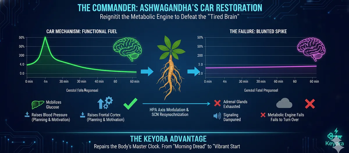 Ashwagandha (The Commander) repairs the Master Clock by restoring the Cortisol Awakening Response (CAR). The CAR is a sharp, functional spike of Cortisol (50% increase) in the morning that mobilizes glucose, raises blood pressure, and activates the frontal cortex ("turns the lights on"). Phenotype III suffers from a Blunted CAR, where the metabolic engine fails to turn over. Ashwagandha (The Commander) repairs the Master Clock by restoring the Cortisol Awakening Response (CAR). The CAR is a sharp, functional spike of Cortisol (50% increase) in the morning that mobilizes glucose, raises blood pressure, and activates the frontal cortex ("turns the lights on"). Phenotype III suffers from a Blunted CAR, where the metabolic engine fails to turn over.